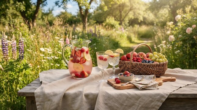 A refreshing summer fruit drink in a pitcher and basket of fresh snacks on a wooden table in a garden. alfresco drink corner