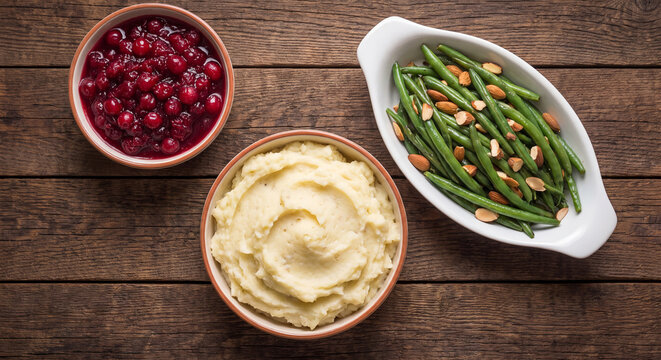 Traditional Thanksgiving side dishes with creamy mashed potatoes green beans and cranberry sauce