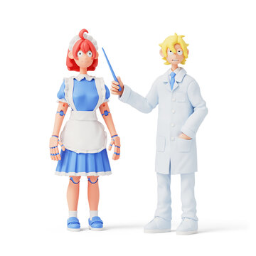 3D render of male scientist in a white lab coat pointing with a pointer stick at cute kawaii robot maid with pink hair, headband, blue dress, apron smiling happily, isolated on transparent background.