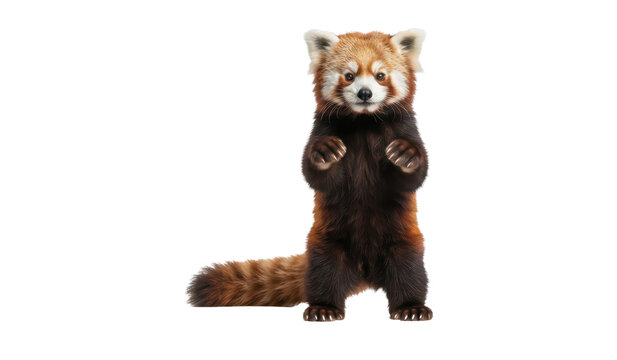 Cute red panda standing on its back legs looking at the camera with a curious expression