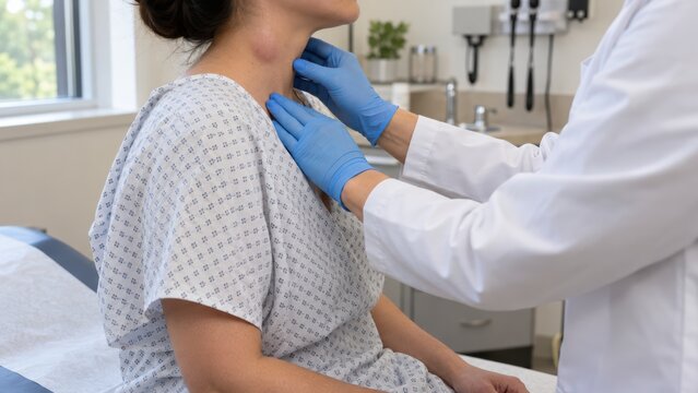 Doctor in blue gloves palpating swollen lymph node on patient's neck during bubonic plague examination in clinic exam room