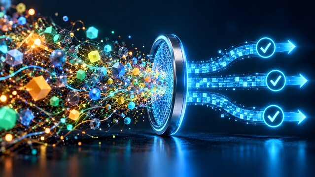 Conceptual 3D illustration of artificial intelligence filtering big data, transforming chaotic colorful geometric particles into organized verified digital information with blue checkmark icons.