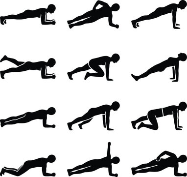 Set of twelve plank exercise silhouettes showing forearm plank, high plank, side plank, knee plank, mountain climber and leg raise variations in black