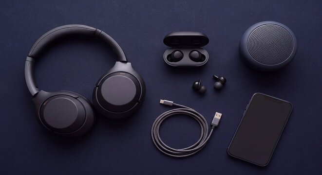 High angle flat lay of black audio accessories with wireless headphones earbuds and speaker on dark table
