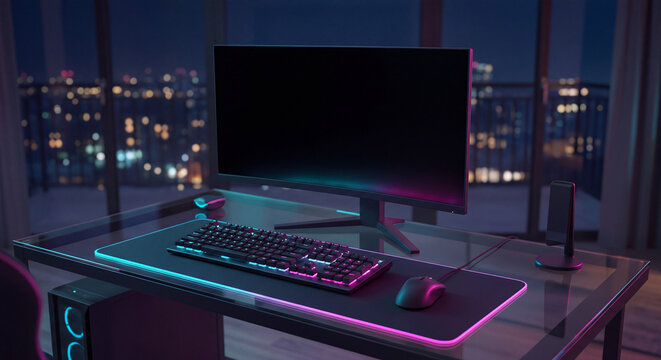 Modern PC gaming desk setup with illuminated rgb keyboard mouse and monitor at night by window