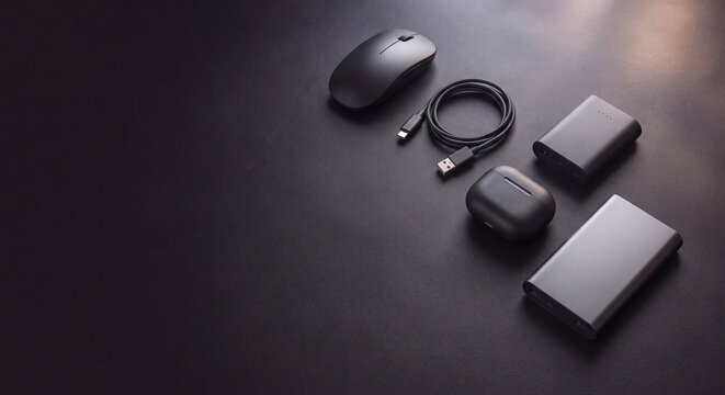 Flat lay of electronic devices and charging accessories with smartwatch earbuds cables on dark table