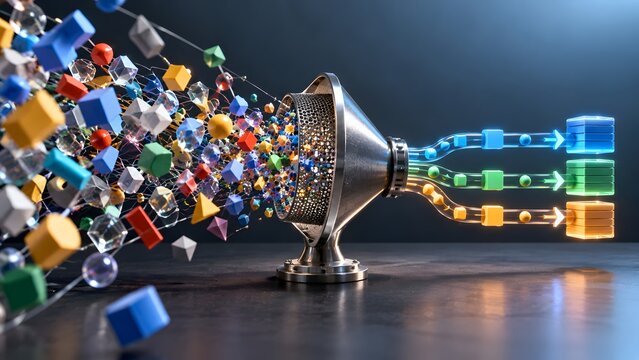 Conceptual 3D illustration of big data processing and machine learning showing chaotic geometric shapes filtered through a funnel into organized and color coded digital information streams.