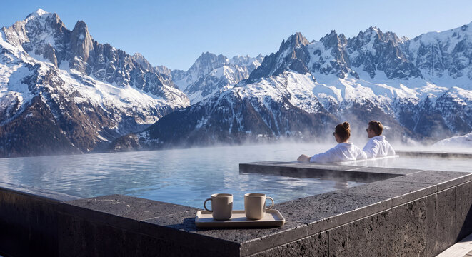 People soaking in an outdoor steaming thermal pool overlooking majestic snow-capped mountain peaks