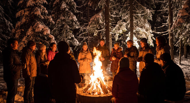Group of people standing around a bright campfire in the snowy winter forest at night