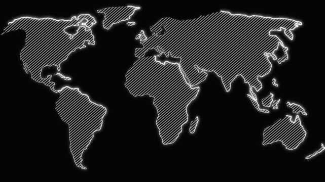 World map animation displays striped continental outlines on dark. Global geographic cartography telemetry routes across world map. Territorial tracking guides map.
