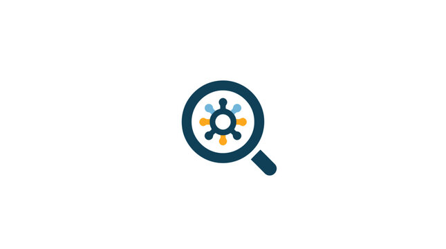 Minimalist graphic icon of a magnifying glass inspecting a microscopic virus or cell structure.