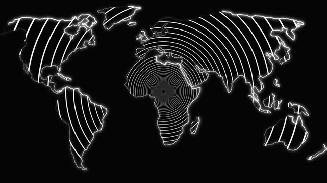 World map animation displays concentric target rings across dark space. Global surveillance tracking routes on world map animation. Satellite telemetry powers the map.