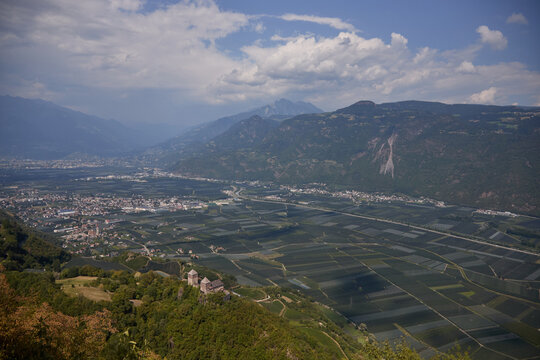 The Etschtal (Adige Valley) between Merano and Bolzano, covered by extensive areas of organic apple orchards&mdash;the region's flagship product.