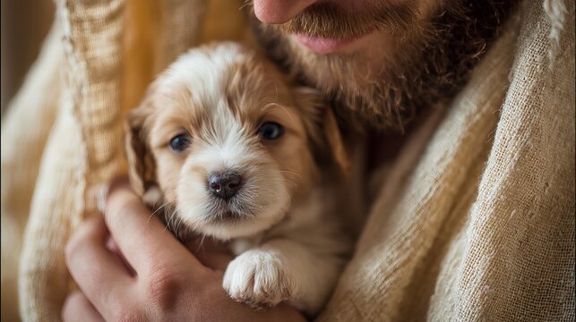 Gentle man lovingly cradling a small fluffy puppy, signifying unconditional affection, warm companionship, and a heartwarming family bond