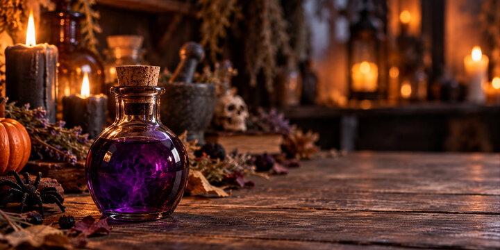 Violetter Zaubertrank mit Kerzen und Kr&auml;utern in geheimnisvoller Hexenk&uuml;che