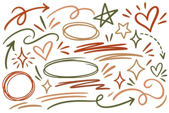 Hand-Drawn Earthy Doodle Sticker Set: Cute Arrows, Hearts, Stars, and Circles Isolated on Transparent Background for Creative Designs