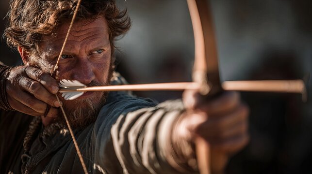 Focused medieval archer drawing a bow with intense gaze, aiming an arrow during a historic training session outdoors