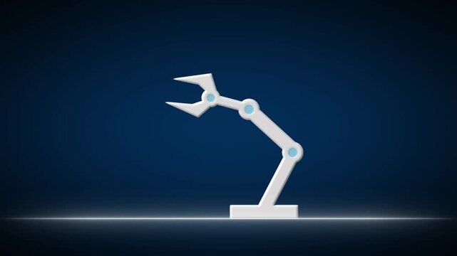 Robotic arm animation demonstrates automated industrial factory actions. Smart manufacturing robotics telemetry guides robotic arm. Modern engineering powers the arm.