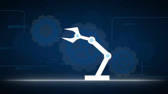 Robotic arm animation turns mechanical factory cogs on dark space. Automated manufacturing engineering telemetry guides robotic arm. Industrial robotics drive the arm.