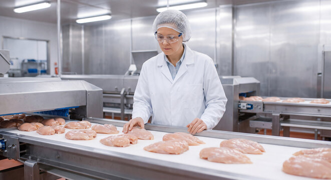Female food processing factory worker in coat and hairnet inspects raw poultry meat on conveyor belt