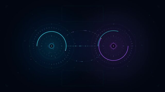Seamless 4K loop of twin radial analytics hubs interconnected by flowing synaptic data conduits and floating particle dust. Ideal for blockchain networks, distributed fintech ledgers, and big data inf