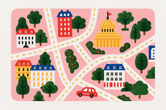 Colorful illustrated town map with roads, buildings and trees