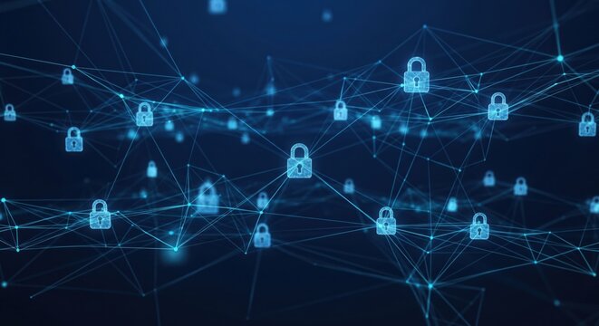Secure network of glowing lock icons and connections