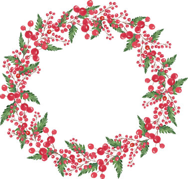 Christmas floral wreath with red berries and green leaves isolated on white background