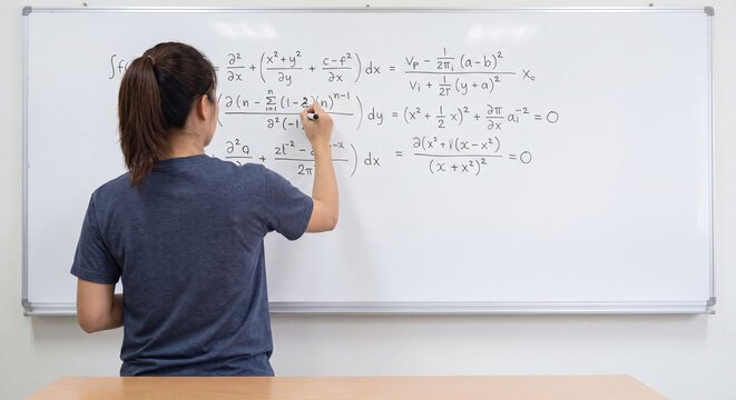 Female student writing complex mathematics formulas on large classroom whiteboard with black marker