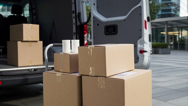 Focuses on a group of parcels arranged near the open rear doors of a van