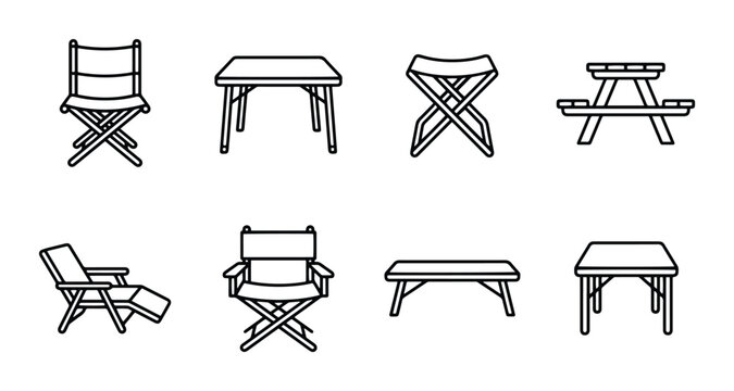 Camping furniture icons set with director chair, lounge chair, table, bench and picnic table for outdoor leisure