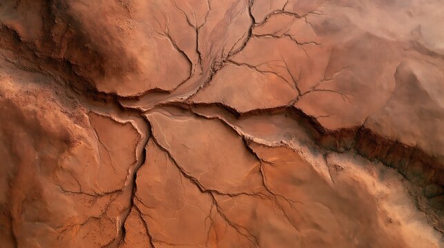 Aerial top down view of red desert canyon system branching like veins across terracotta and rust orange terrain, drone photography of abstract erosion pattern