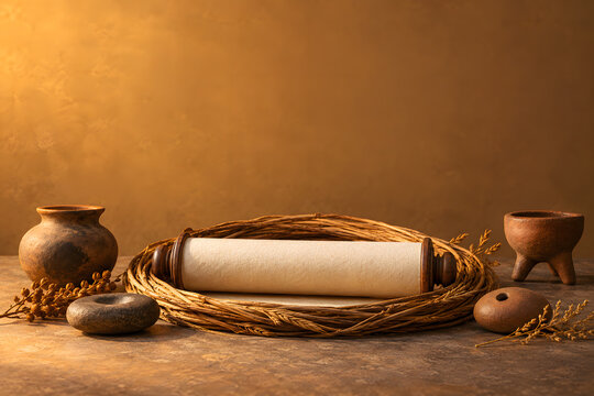 Ancient Scroll Display: An aged scroll rests within a rustic woven frame, flanked by earthenware pottery and dried grain, evoking a sense of history and tradition.