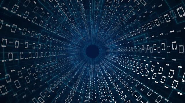 Data tunnel animation accelerates through floating digital squares on dark. High velocity warp speed motion drives data tunnel animation. Perspective corridors shape tunnel.