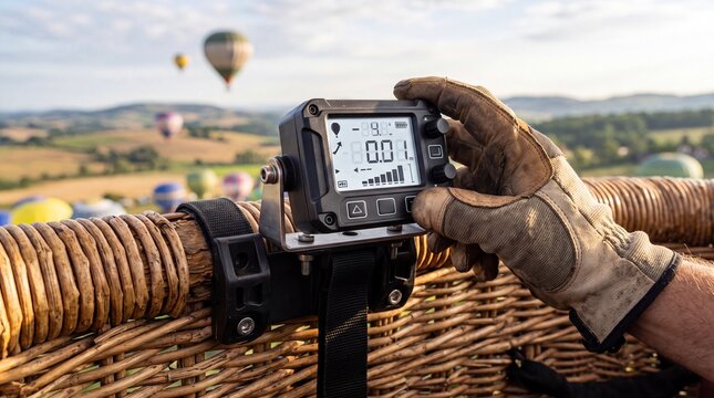 Balloon fiesta pilot adjusting digital flight instrument in basket