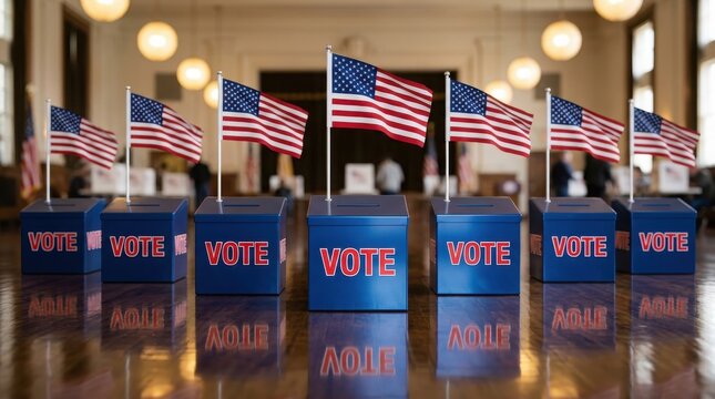 Voting boxes with American flags , Election Law Justice And Democracy Concept.