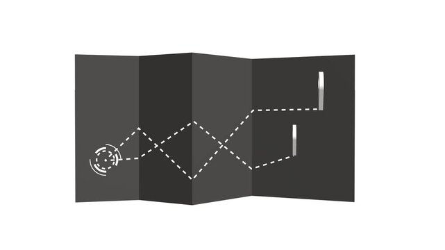 Folded map animation displays a dashed travel itinerary between pins. Waypoint navigation destination coordinates guide folded map. Journey planning uses folded map.