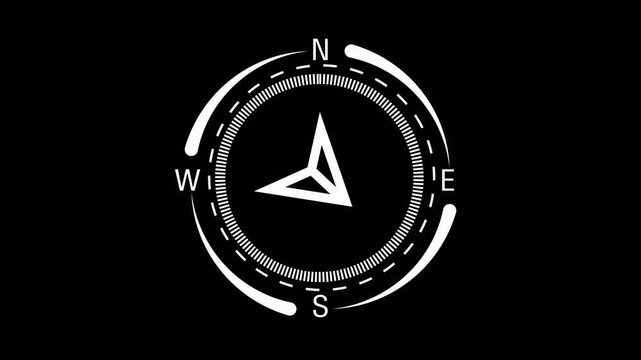 Compass animation points toward cardinal north with directional markers. Geographic travel exploration telemetry guides compass animation. Waypoint orientation uses compass.
