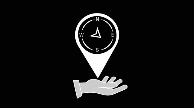 Hand holding pin animation displays a directional navigation compass. Travel destination waypoint tracking routes on location pin. Geographic journey guidance uses pin.
