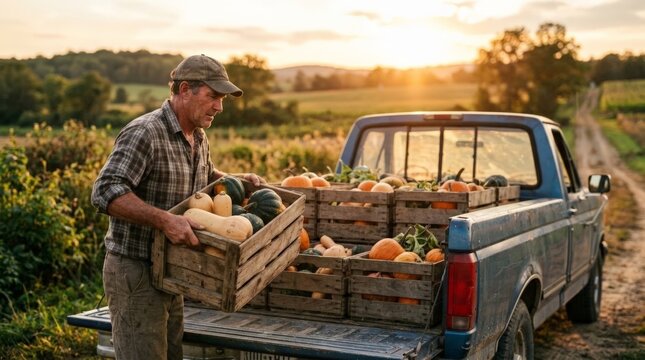 A farmer wearing a cap and plaid shirt loads wooden crates of squash during a golden hour pumpkin harvest, standing beside a blue vintage pickup truck parked in a rural field