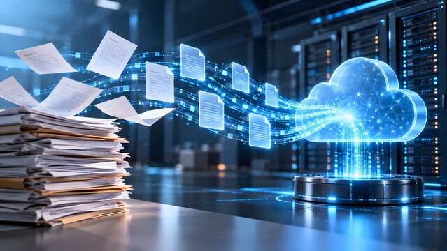Conceptual visualization of cloud migration and data digitization with paper documents transforming into digital files moving into a glowing cloud icon in a modern data center server room.