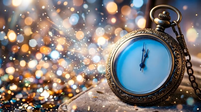 Antique pocket watch with blurred city lights in the background symbolizing time passing
