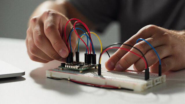 Software workshop participant connecting a small sensor board to a breadboard with jumper wires