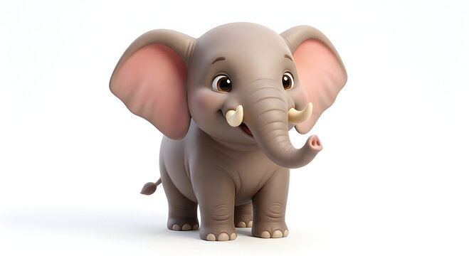 3D cartoon illustration of a cute smiling baby elephant character with big ears and small tusks on a white background