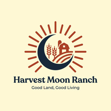 Harvest moon ranch logo with barn wheat and sun rays graphic icon