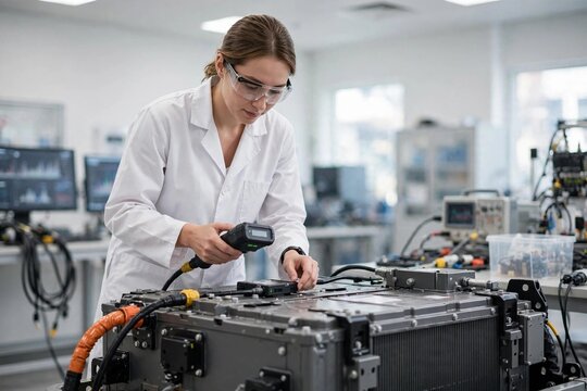 Technician in lab coat testing an electric vehicle battery pack with diagnostic equipment in a bright laboratory