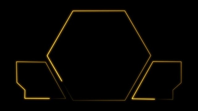 Hexagon frame animation displays modular tech side panels on dark space. Futuristic telemetry screen overlays outline hexagon frame. Cyber control consoles use frame.
