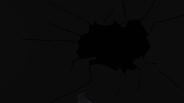 Large 3D glass shatter animation with a big sharp shard flying directly into the camera lens overlay. Window breaking from a major impact with an alpha channel transparent background asset.