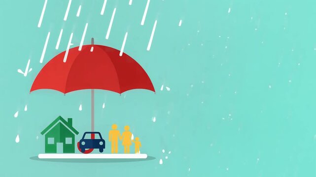 Family Home and Car Protected by Umbrella under Rain Illustration