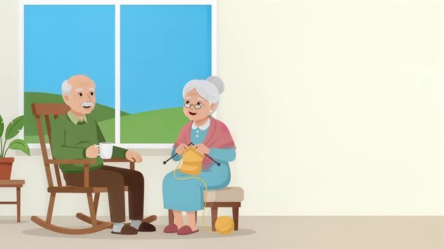 Elderly Couple Relaxing at Home Drinking Coffee and Knitting Vector Illustration